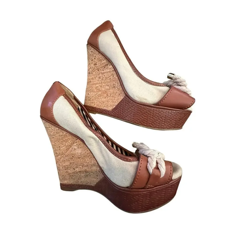 Gianni Bini Women's Brown Trim Cork Rope Platform Wedge Heels Size 6.5